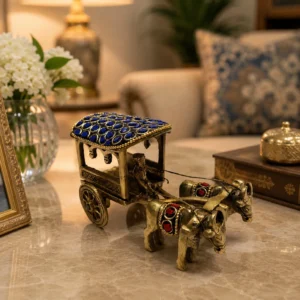Handcrafted brass bullock cart showpiece with blue and red stone work