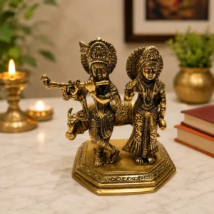 brass radha krishna idol with cow