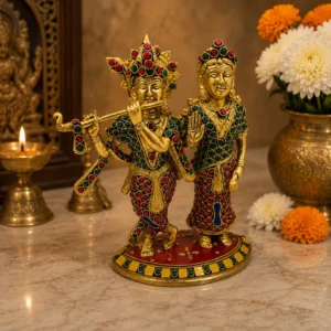 stone studded brass radha krishna idol
