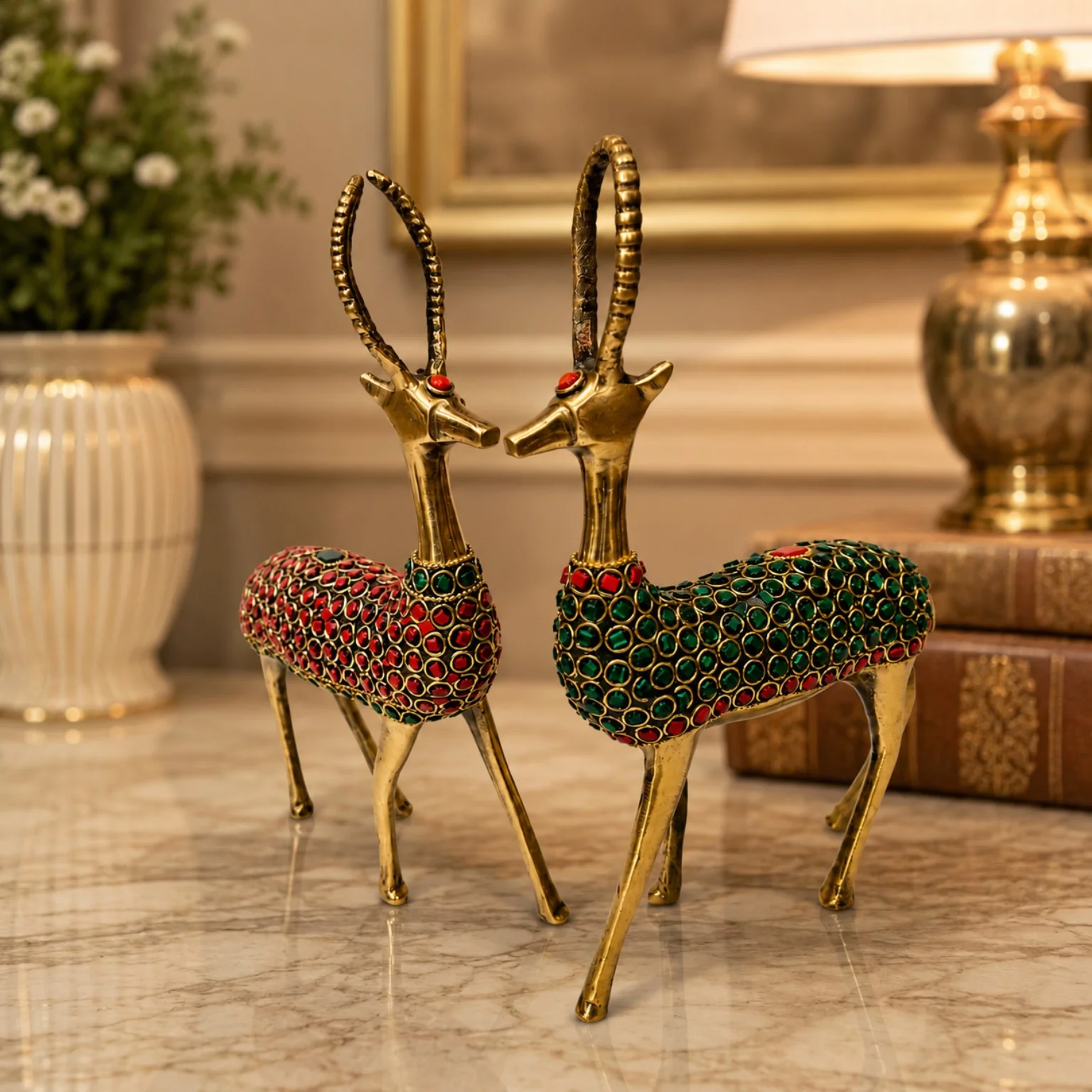 stone studded brass deer pair