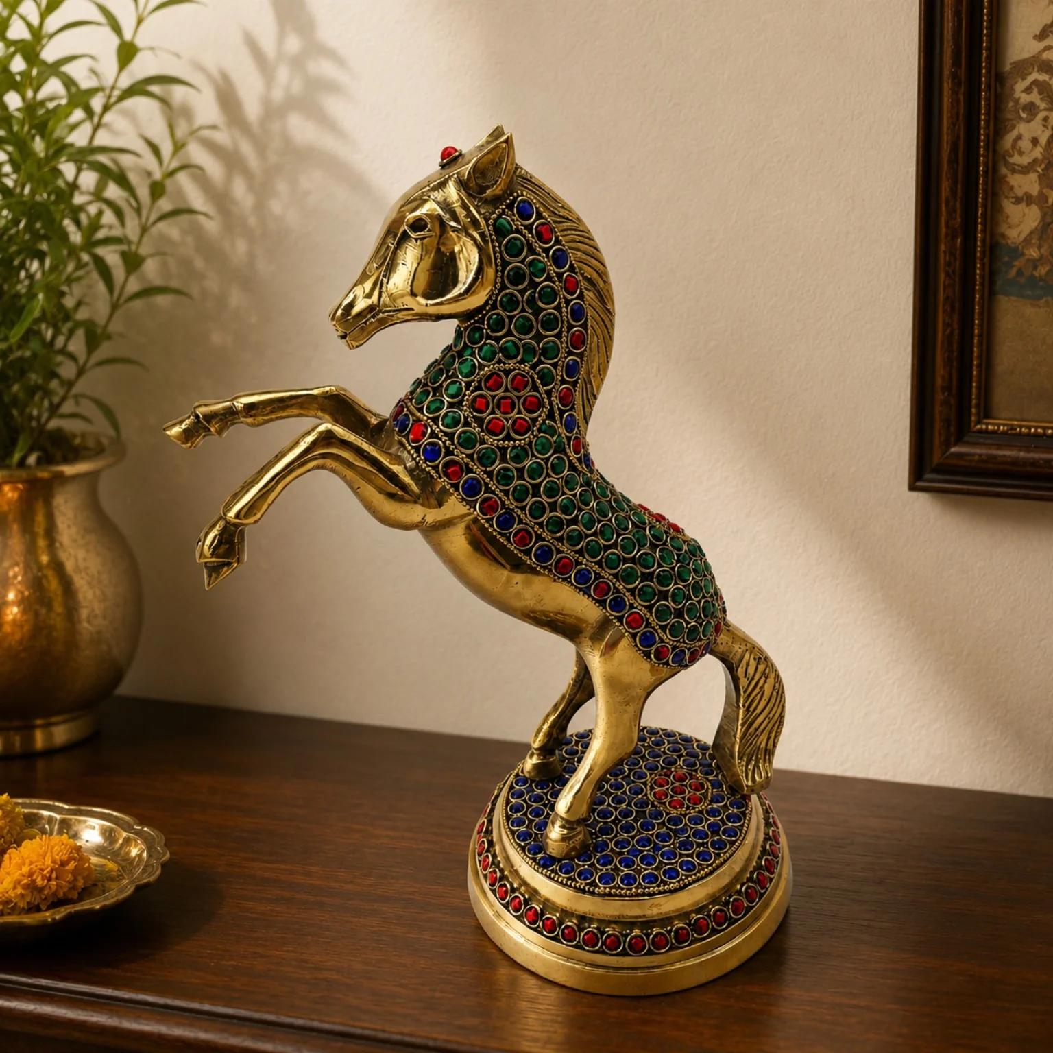 stone studded brass horse showpiece