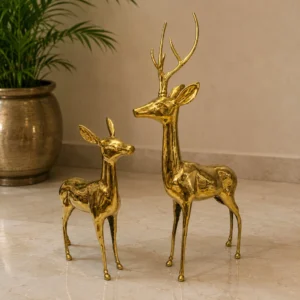 Handcrafted brass deer pair showpiece with golden finish