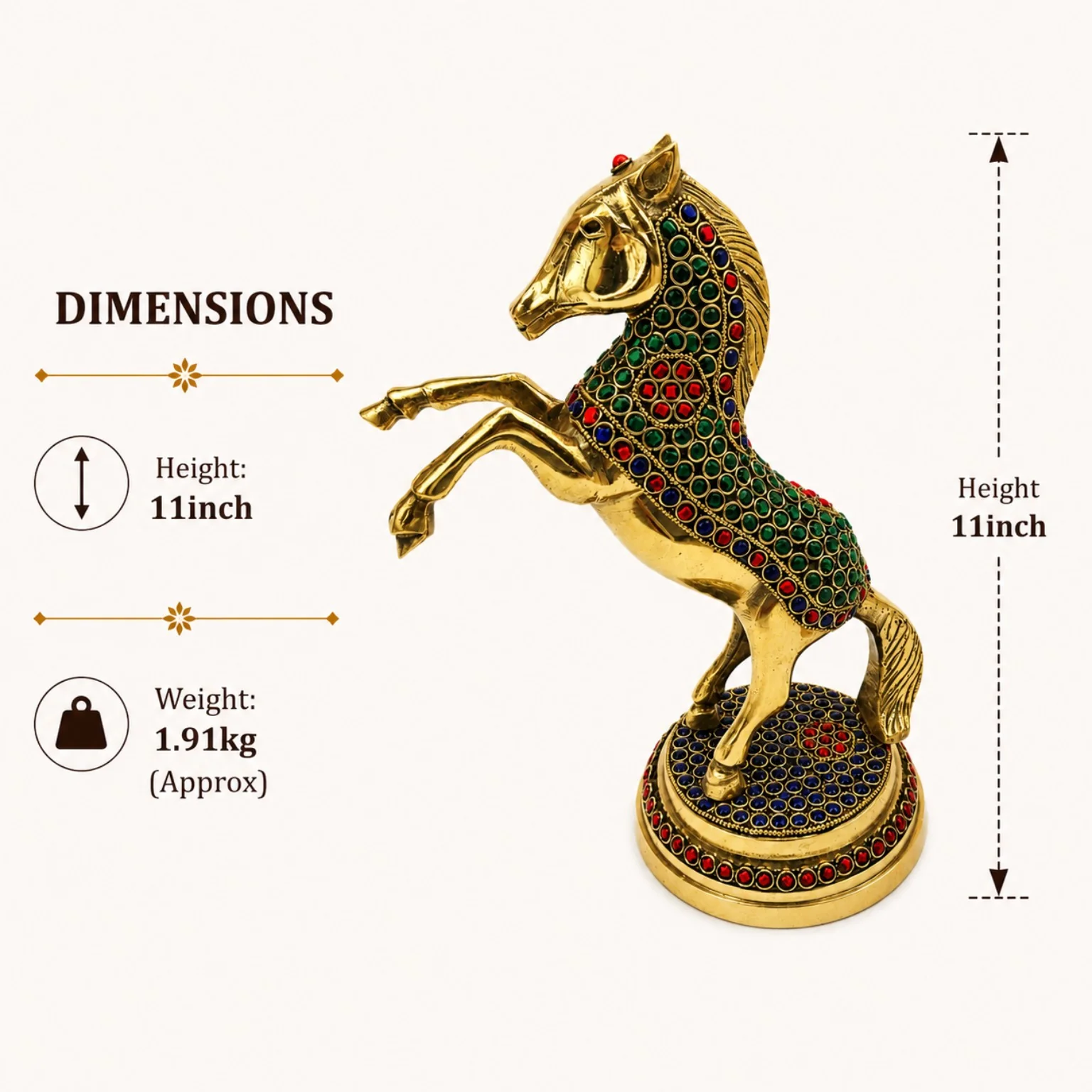 Stone Studded Brass Horse Showpiece – Stunning 11 Inch Decor | CraftyRootz - Image 4