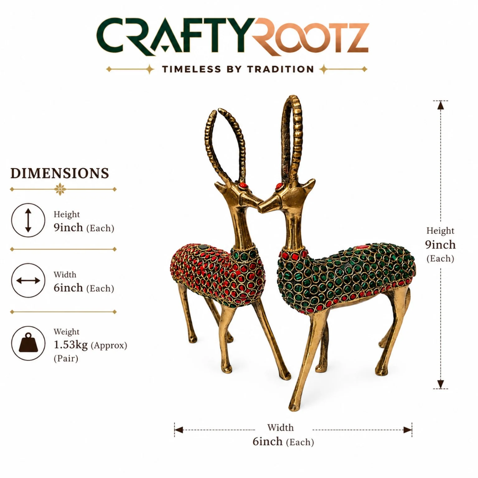 Stone Studded Brass Deer Pair – Exquisite 9 Inch Showpiece | CraftyRootz - Image 4