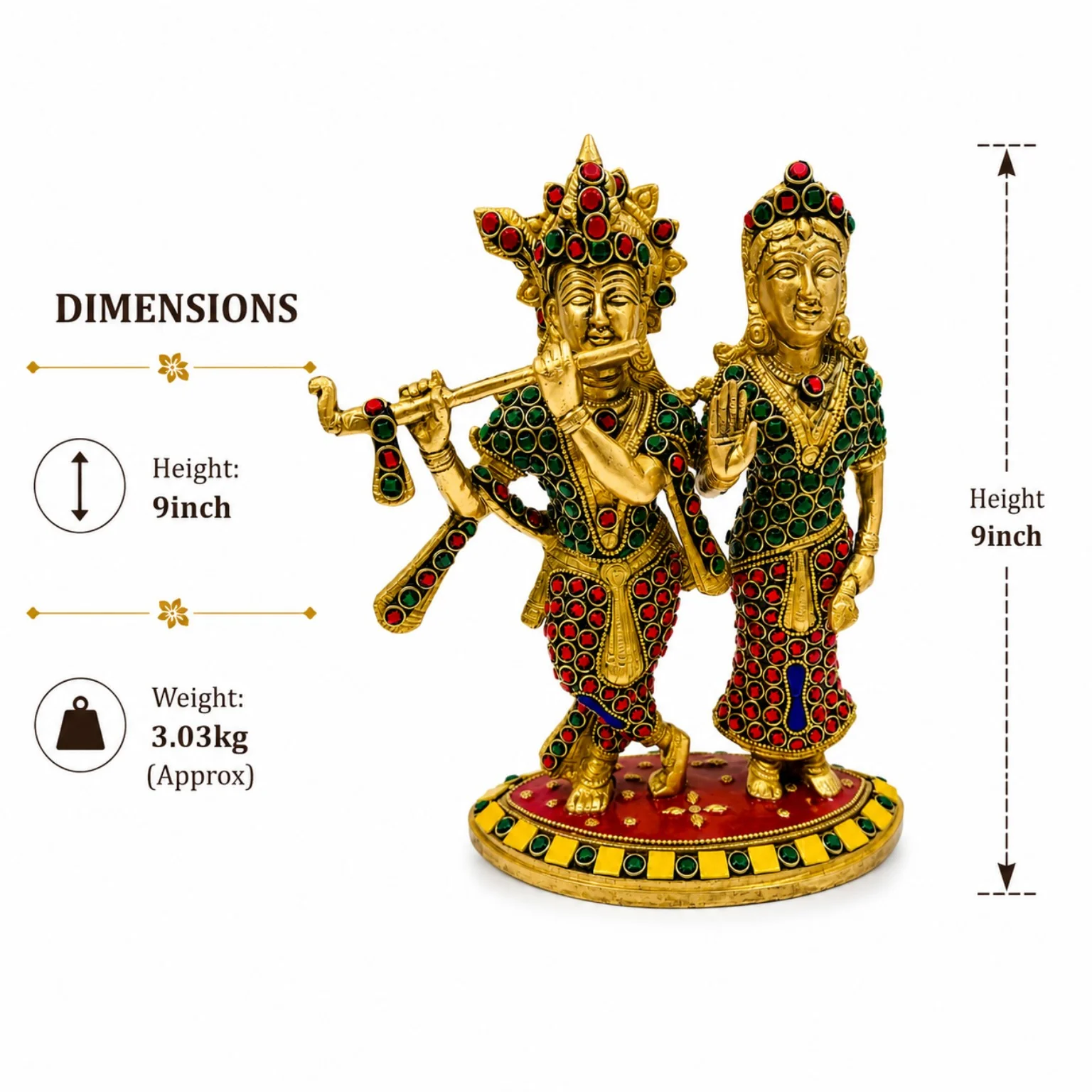 Stone Studded Brass Radha Krishna Idol – Exclusive 9 Inch Decorative Statue | CraftyRootz - Image 3