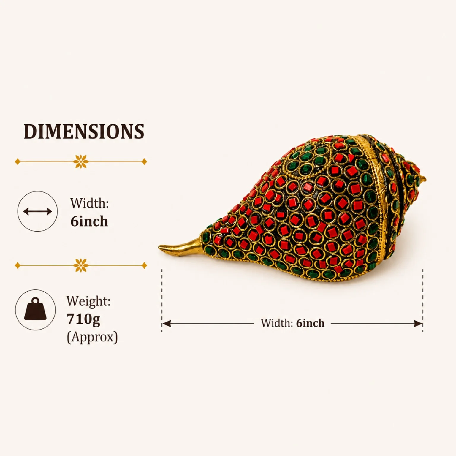 Stone Studded Brass Conch – Exclusive 6 Inch Decorative Shankh | CraftyRootz - Image 4