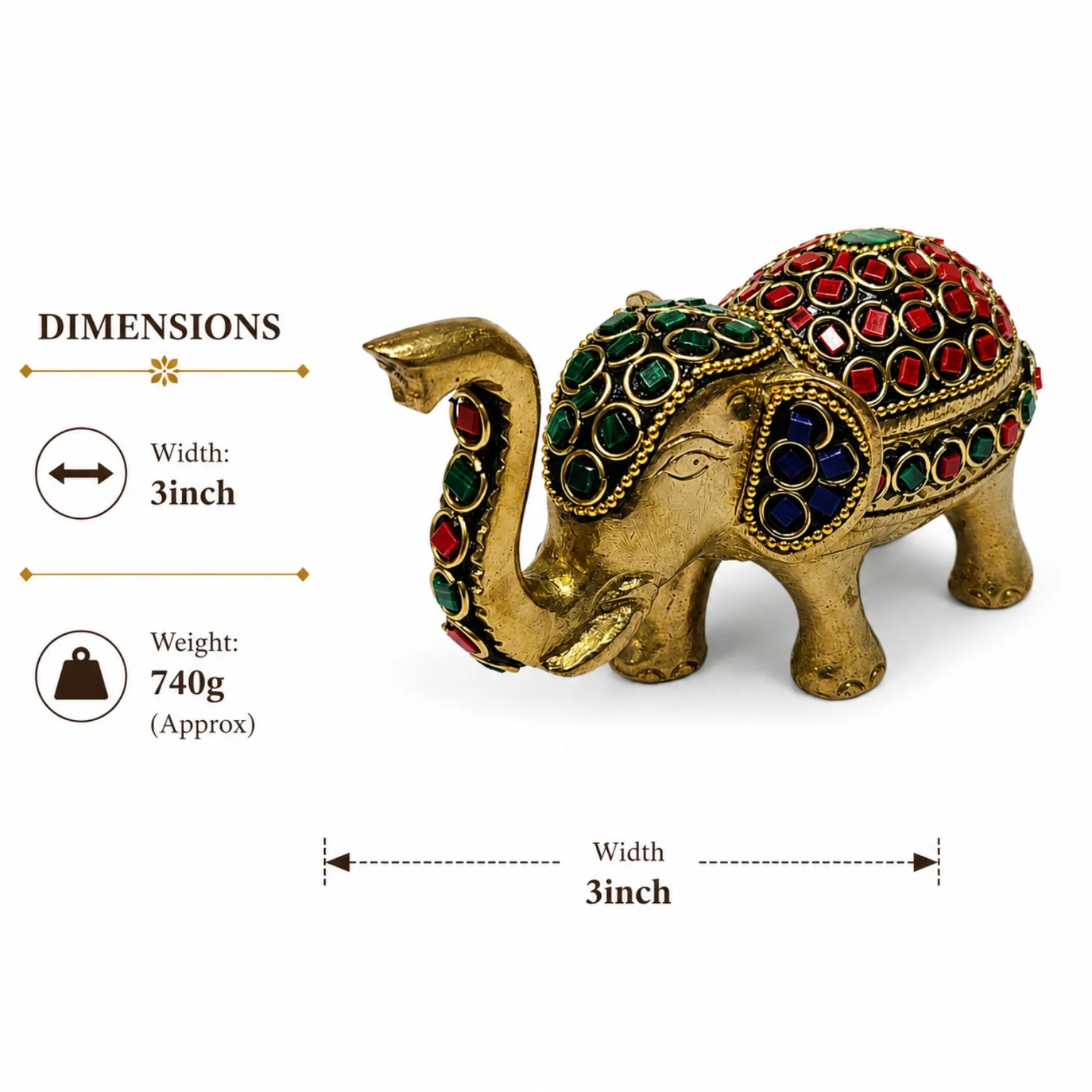 Stone Studded Brass Elephant Showpiece – Beautiful 3 Inch Decor | CraftyRootz - Image 4